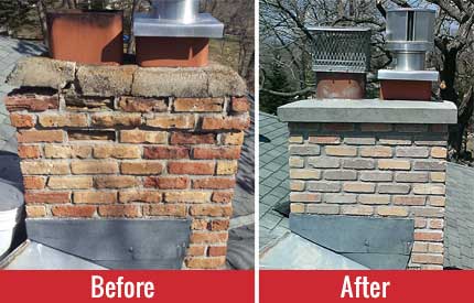 Chimney Rebuild Before & After - on the left - crumbling crown and missing masonry - on the right - newly poured crown, repaired masonry and new chimney caps