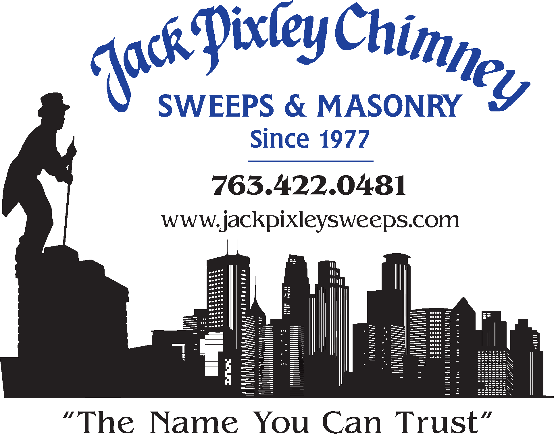 Blue and Black Jack Pixley Sweeps Logo with Spring Lake Park Skyline at the bottom - The Name You Can trust