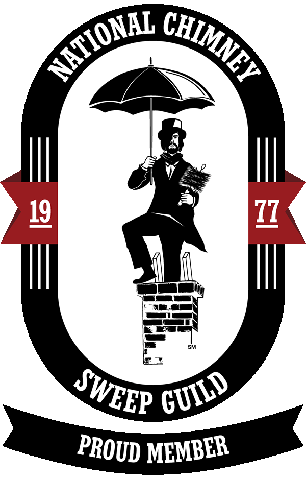 National Chimney Sweep Guild - Chimney Sweep sitting in oblong circle on top of chimney with umbrella
