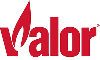 Valor written in red with a flame as half of the V