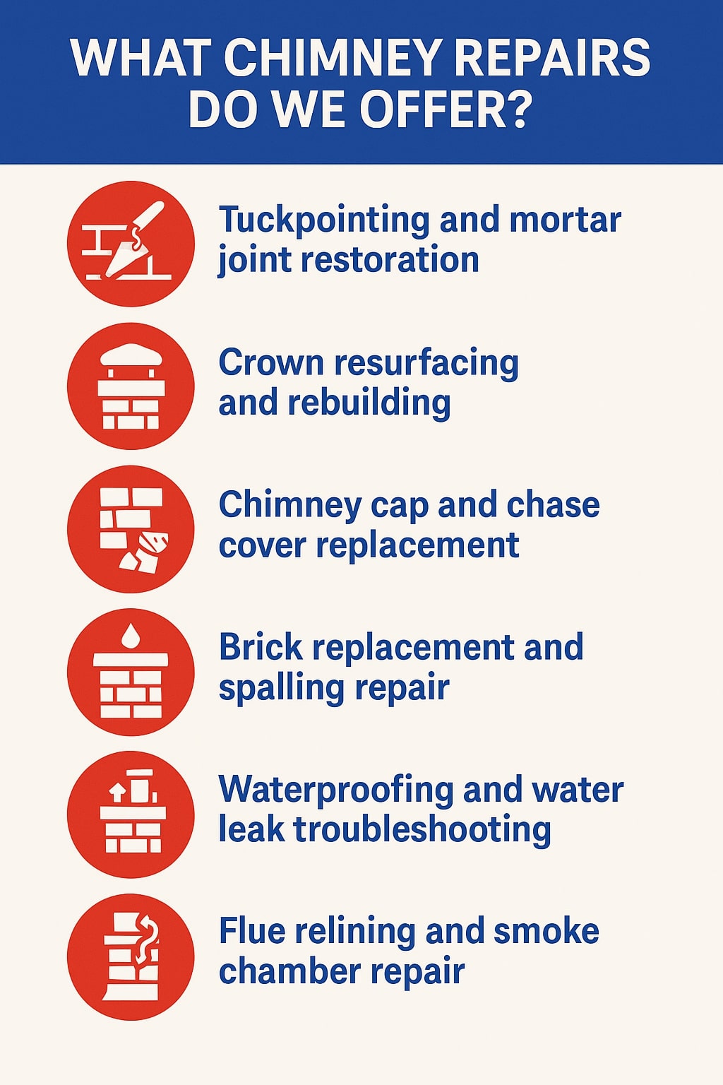 original infographic showing a blue-and-cream design with a bold blue header reading “WHAT CHIMNEY REPAIRS DO WE OFFER?” followed by six service items arranged vertically, each paired with a circular red icon on the left and blue text on the right; the first icon shows a trowel over brick lines beside the text “Tuckpointing and mortar joint restoration,” the second icon features a chimney crown over bricks beside “Crown resurfacing and rebuilding,” the third icon shows a chimney cap and small replacement tool beside “Chimney cap and chase cover replacement,” the fourth icon displays a droplet above brickwork beside “Brick replacement and spalling repair,” the fifth icon shows an upward arrow and vent piece over bricks beside “Waterproofing and water leak troubleshooting,” and the sixth icon features a chimney with flame-like lines rising from it beside “Flue relining and smoke chamber repair,” all set against a clean cream background for a simple, modern layout.