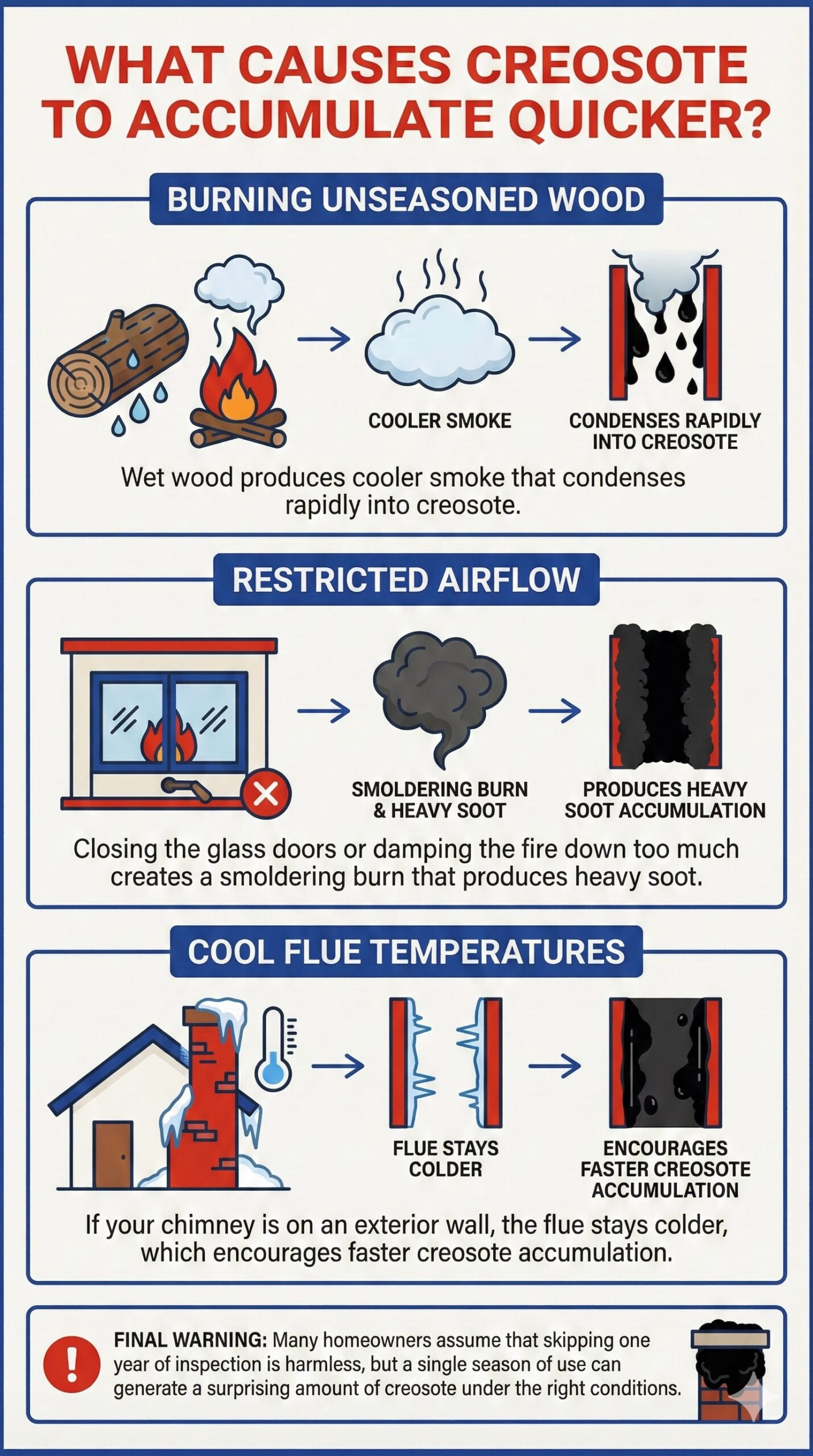 Original infographic titled "What Causes Creosote To Accumulate Quicker?" details three primary causes for buildup against an off-white background with blue borders and red accents. The first section, "Burning Unseasoned Wood," features an illustration of a damp log and cooler smoke, explaining that "Wet wood produces cooler smoke that condenses rapidly into creosote." The second section, "Restricted Airflow," shows a fireplace with closed doors and a red "X," noting that "Closing the glass doors or damping the fire down too much creates a smoldering burn that produces heavy soot." The third section, "Cool Flue Temperatures," depicts a house with an exterior chimney covered in snow next to a thermometer, stating, "If your chimney is on an exterior wall, the flue stays colder, which encourages faster creosote accumulation." The graphic concludes with a warning at the bottom: "Many homeowners assume that skipping one year of inspection is harmless, but a single season of use can generate a surprising amount of creosote under the right conditions."